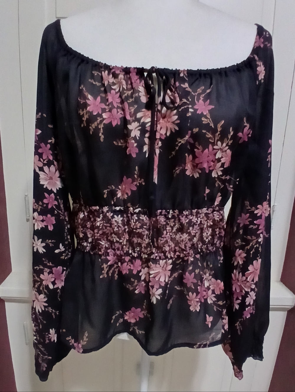 Vintage AGB Byer California Size M Black Pink Floral Mesh Y2K Blouse Top - Picture 3 of 7